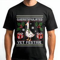 Humorous Goose Christmas Shirt, Overstimulated Yet Festive Goose T-Shirt, Ugly Sweater Goose Graphic Tee, Relatable Holiday T-Shirt Present