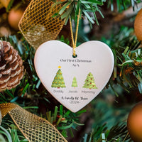 First Christmas as a Family Ceramic Ornament, Family of Three Heart Ornament, New Parents Holiday Keepsake Ornament, Custom 2024 Present