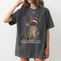 Tangled Christmas Lights Raccoon Shirt, Feral and Festive AF Raccoon T-Shirt, Humorous Holiday Graphic Tee, Ugly Christmas Party Raccoon Tee