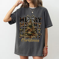 Leopard Coquette Bow Graphic Tee, Merry Christmas Camo Tree T-Shirt, Country Holiday Shirt, Southern Xmas Camo Tree T-Shirt