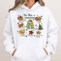 Virgencita Food Holiday Hoodie, Tis the Season Mexican Christmas Hoodie, Latinx Festive Hooded Sweatshirt, Mexican Food Graphic Hoodie