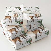 Watercolor Deer Holly Berry Gift Wrap, Woodland Reindeer Wrapping Paper, Rustic Winter Holiday Paper, Christmas Gift Wrapping Roll