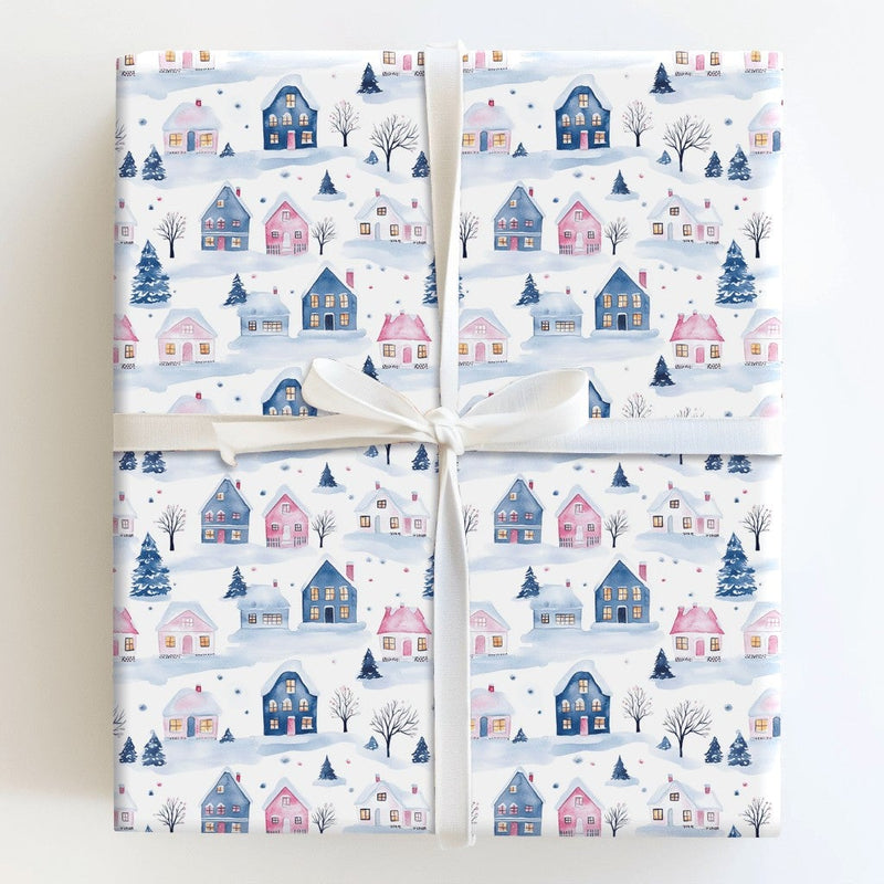 Snowy Cottage Gift Wrap, Winter Village Wrapping Paper, Watercolor Pastel House Christmas Wrapping Paper, Comfy Holiday Town Wrapping Paper