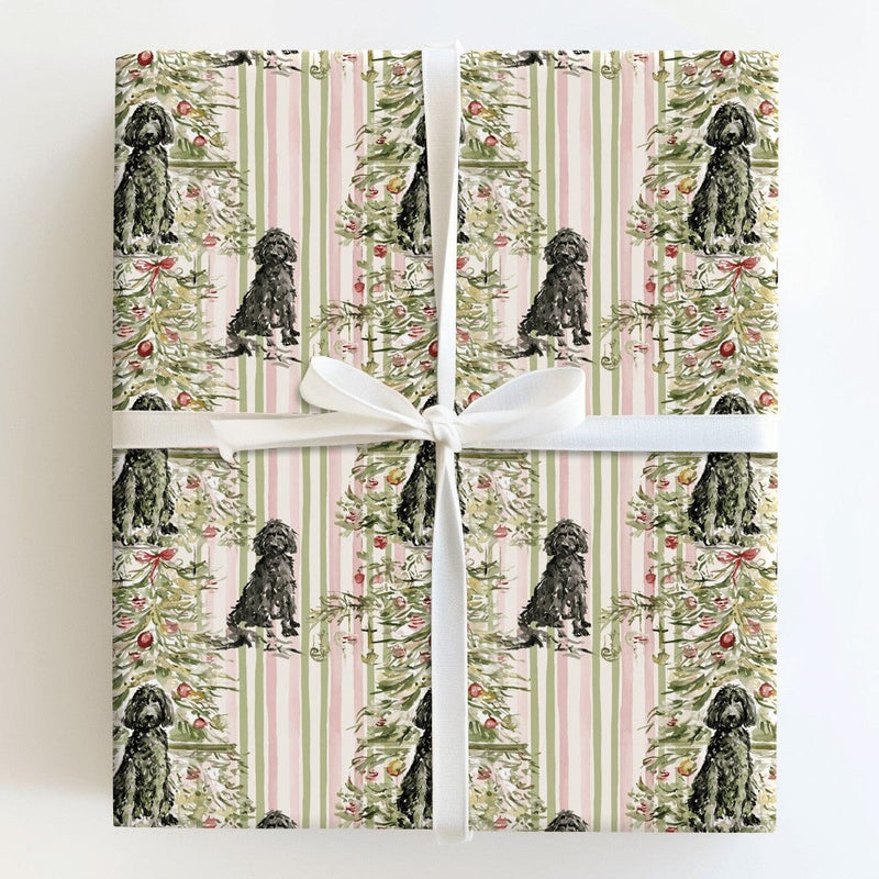 Watercolor Doodle Dog Gift Wrap, Labradoodle Christmas Wrapping Paper, Festive Xmas Tree Gift Wrapping Paper, Dog Lover Present Roll