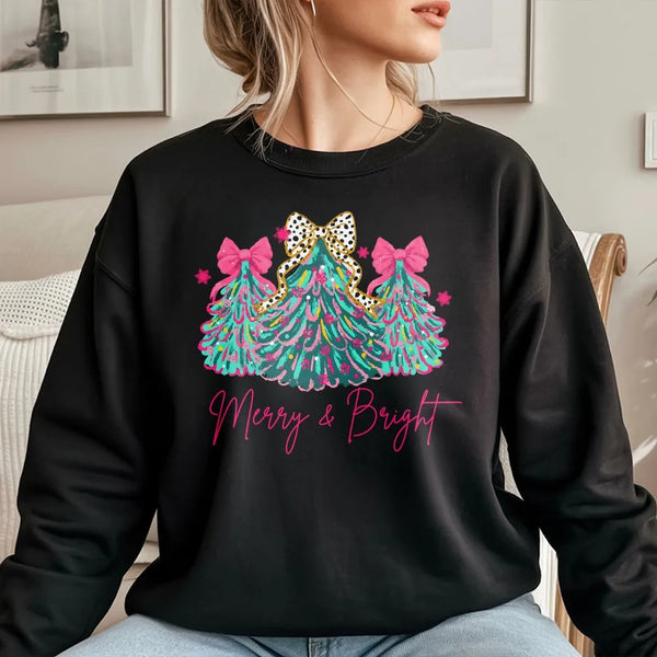 Leopard Bow Christmas Crewneck, Merry & Bright Christmas Tree Sweatshirt, Preppy Holiday Christmas Pullover, Winter Sweater, 