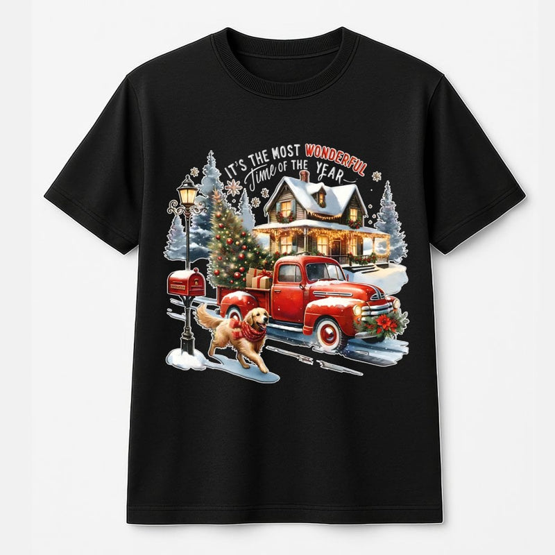 Golden Retriever Holiday Shirt, Christmas Red Truck T-Shirt, Vintage Winter Farmhouse Dog Tee, Adorable Xmas Dog Lover Graphic T-Shirt