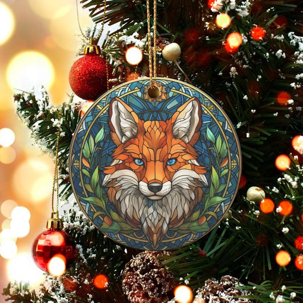 Woodland Animal Ceramic Ornament, Stained Glass Fox Christmas Ornament, Wildlife Lover Tree Ornament, Holiday Keepsake Presen