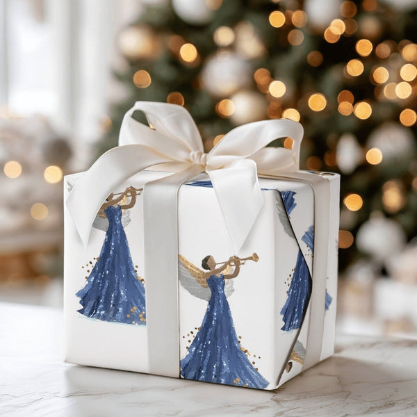 African American Angel Gift Wrap, Black Angel Christmas Wrapping Paper, Gold Trumpet Holiday Paper, Religious Xmas Gift Wrapp