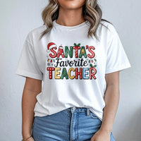 Festive Holiday School Graphic Tee, Santa's Favorite Teacher T-Shirt, Retro Educator Christmas Shirt, Adorable Teacher Christmas Holiday Top