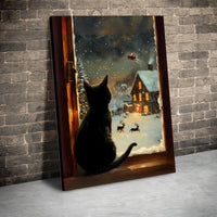 Santa Sleigh Snowy Village Wall Art, Black Cat Christmas Canvas Print, Comfy Winter Holiday Kitten Poster, Digital Download Cat Present