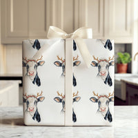 Watercolor Reindeer Antlers Gift Wrap, Christmas Cow Wrapping Paper, Farmhouse Holiday Wrapping Paper, Rustic Xmas Gift Wrap Roll