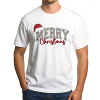 Santa Hat Plaid Holiday Graphic Tee, Merry Christmas Leopard Print T-Shirt, Festive Xmas Graphic T-Shirt, Adorable Womens Holiday Top