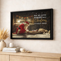 Religious Christmas Canvas Wall Art, Santa Kneeling at Manger Canvas Print, Christian Nativity Canvas Decor, Faith Holiday Home Present