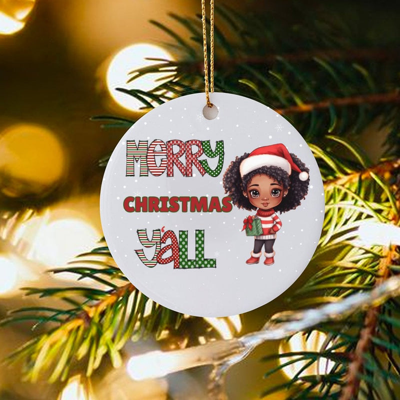 Adorable Black Girl Holiday Tree Ornament, Merry Christmas Y'all Ceramic Ornament, African American Christmas Keepsake Ornament, Winter Present