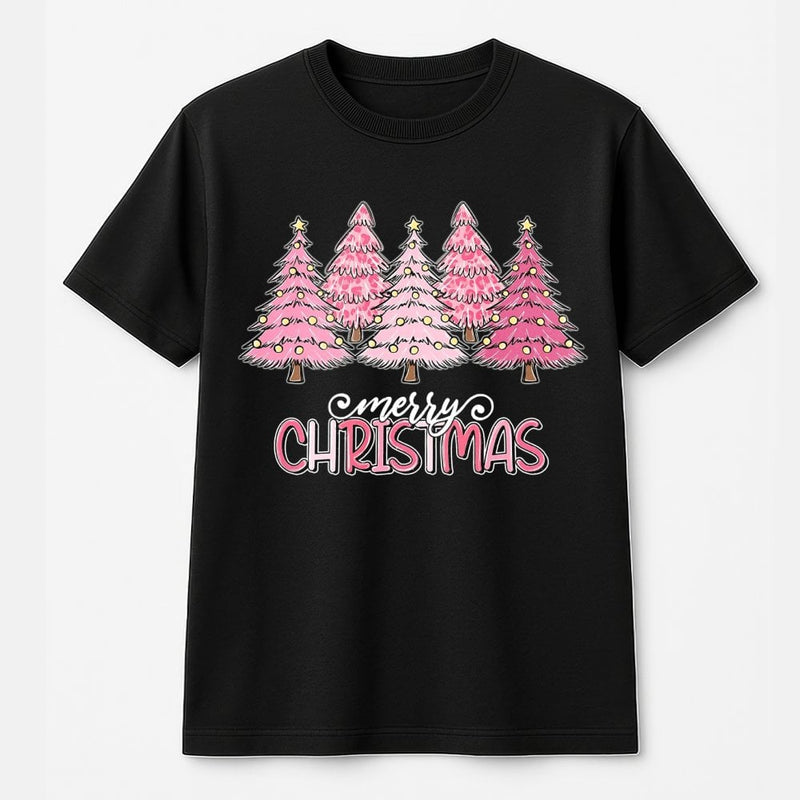 Merry Christmas T-Shirt, Pink Leopard Christmas Tree Shirt, Pink Holiday Trees Graphic Tee, Adorable Festive Christmas Shirt, Present for Her