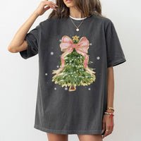 Adorable Coquette Christmas T-Shirt, Pink Bow Watercolor Christmas Tree Shirt, Aesthetic Christmas Graphic Tee, Festive Holiday Shirt, Xmas Present
