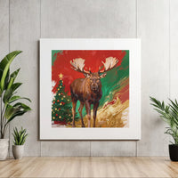 Painterly Winter Moose Canvas Print, Christmas Moose Square Canvas, Rustic Holiday Tree Canvas Wall Art, Nature Lover Christmas Decor