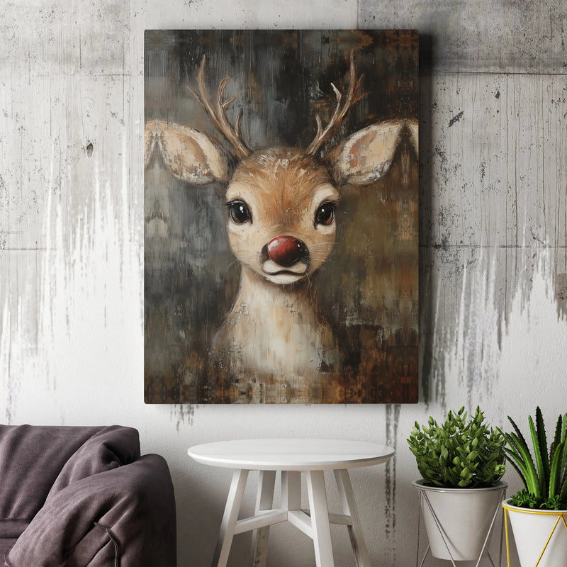 Rustic Oil Painting Reindeer Canvas Print, Red Nosed Reindeer Canvas Wall Art, Christmas Holiday Canvas Art, Winter Seasonal Canvas Decor