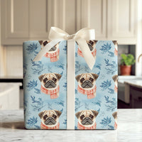 Adorable Dog Christmas Gift Wrap, Pug in Winter Scarf Wrapping Paper, Watercolor Pug Puppy Present Paper, Dog Lover Holiday Present Wrap