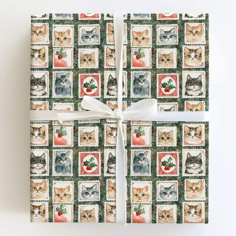 Vintage Pet Holiday Gift Wrap, Christmas Cat Postage Stamp Wrapping Paper, Adorable Watercolor Cat Wrapping Paper, Festive Cat Lover Gift Wrap