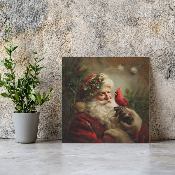 Vintage Christmas Oil Painting Art, Santa Claus Cardinal Bird Square Canvas, Santa Canvas Print, Holiday Wall Art Bird Lover 