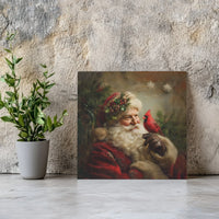Vintage Christmas Oil Painting Art, Santa Claus Cardinal Bird Square Canvas, Santa Canvas Print, Holiday Wall Art Bird Lover Present