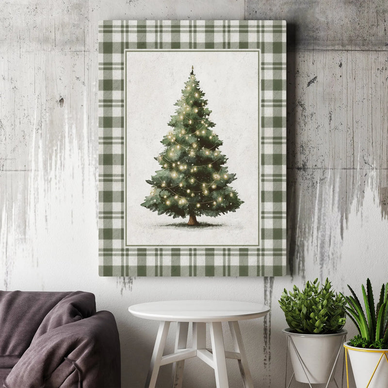 Green Plaid Border Holiday Canvas Print, Rustic Christmas Tree Canvas Wall Art, Country Farmhouse Xmas Wall Decor, Winter Season Present