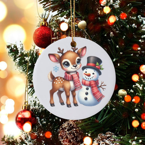 Ceramic Christmas Tree Ornament, Adorable Baby Deer Snowman Ornament, Winter Holiday Keepsake Ornament, Woodland Animal Xmas 
