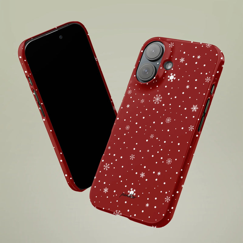 Winter Snowfall iPhone Tough Phone Case, Red Snowflake Phone Case, Festive Christmas Holiday Phone Case, Dual-Layer Phone Cover