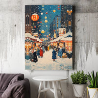 Impressionist Winter Village Canvas Print, Snowy Christmas Market Canvas Wall Art, Comfy Holiday Canvas Decor, Digital Download Art