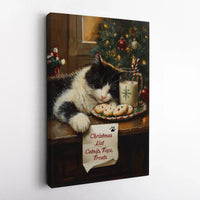 Adorable Holiday Kitten Wall Art Print, Sleeping Cat Christmas Canvas Art, Xmas Cat Milk and Cookies Poster