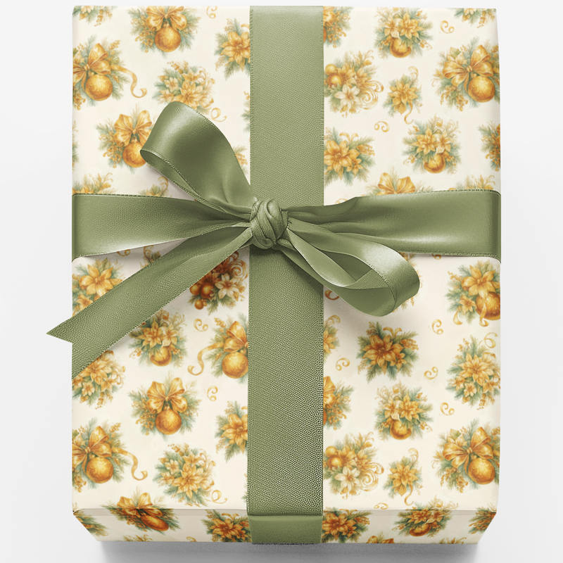 Golden Ornaments Gift Wrap, Vintage Christmas Wrapping Paper, Botanical Pine Tree Present Wrap, Elegant Holiday Gift Wrapping Paper Roll