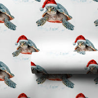 Santa Hat Ocean Gift Wrap, Sea Turtle Christmas Wrapping Paper, Watercolor Marine Animal Present Paper, Coastal Holiday Gift Wrapping Paper