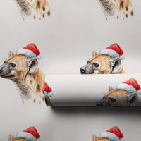 Humorous Safari Animal Gift Wrap, Watercolor Hyena Christmas Wrapping Paper, Santa Hat Hyena Wrapping Paper, Secret Santa Holiday Gift Wrap