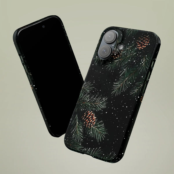 Winter Evergreen Branch Phone Case, Pine Cone iPhone Phone Case, Falling Snow Botanical Tough Cover, Nature Lover Christmas P