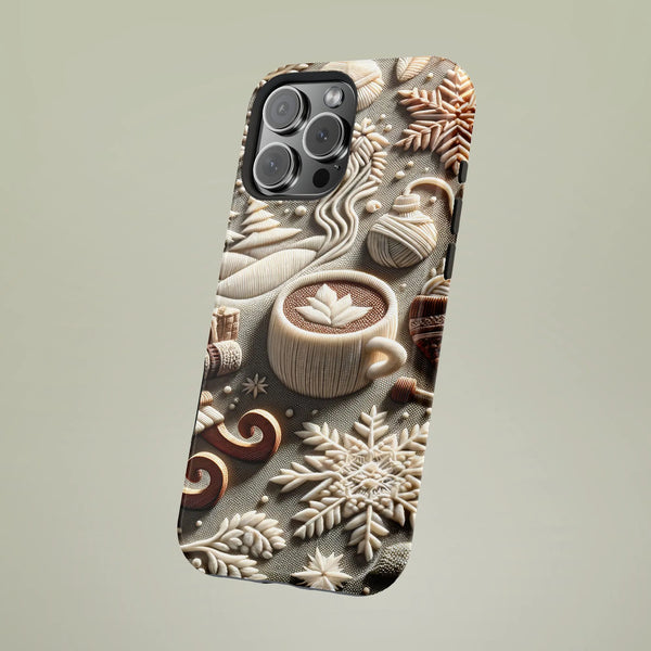 3D Relief Winter Cup iPhone Case, Snowflake Coffee Latte Phone Case, Comfy Christmas Beverage Tough Phone Cover, Coffee Lover