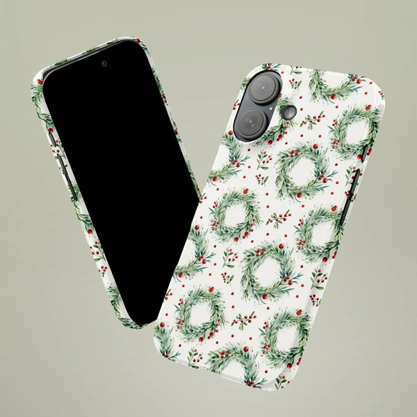 Watercolor Winter Botanical iPhone 15 Pro Case, Christmas Holiday Wreath Phone Case, Dual Layer Festive Season Phone Cover