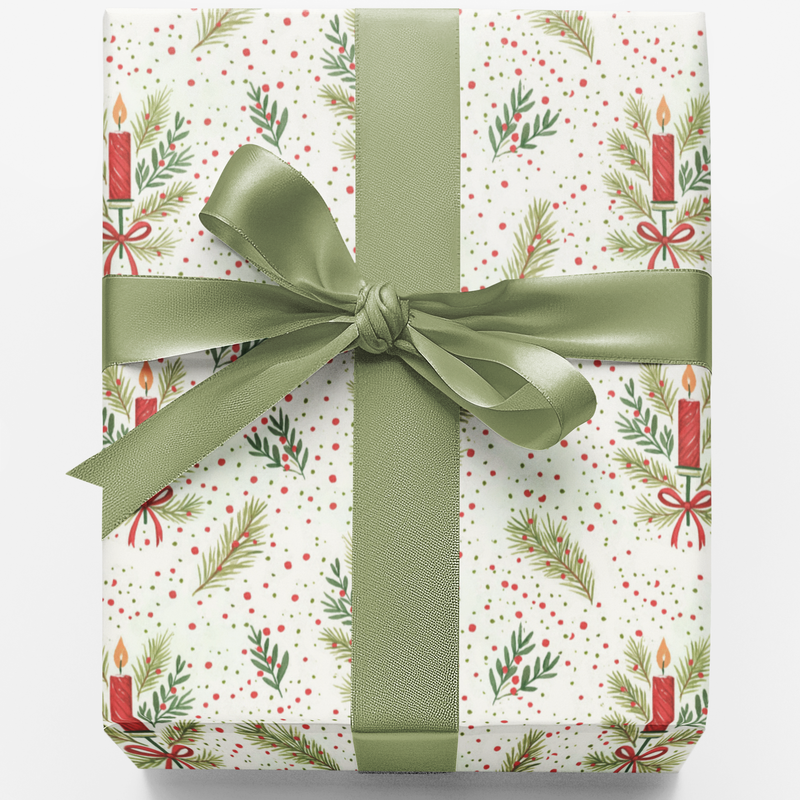 Pine Branch Christmas Gift Wrap, Holiday Candle Wrapping Paper, Festive Winter Season Wrapping Paper, Xmas Present Gift Wrapping Paper