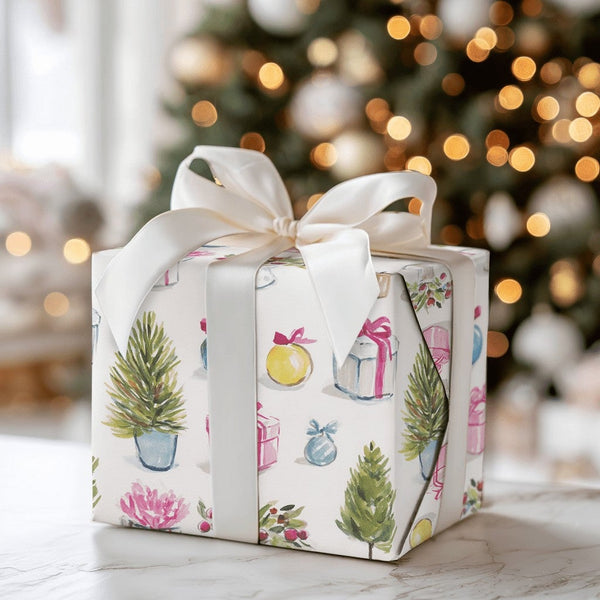 Potted Evergreen Holiday Gift Wrap, Watercolor Christmas Tree Wrapping Paper, Holly Present Paper, Retro Pastel Holiday Wrapp