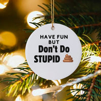 Humorous Poop Emoji Christmas Ornament, Have Fun but Don't Do Stupid Ornament, Sarcastic Ceramic Tree Ornament, Holiday Gag Present for Friends