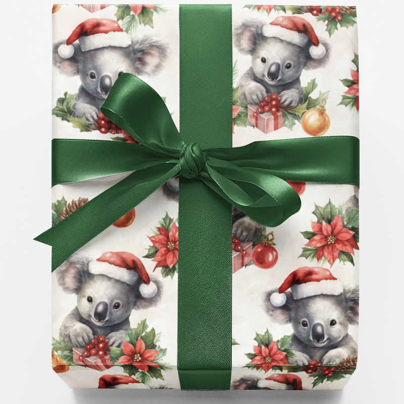 Christmas Wrapping Paper, Adorable Koala Santa Hat Wrapping Paper, Adorable Animal Holiday Gift Wrap, Festive Koala Gift Wrapping Paper Roll