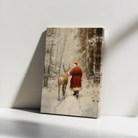 Snowy Forest Reindeer Canvas Print, Vintage Santa Claus Canvas Wall Art, Christmas Holiday Wall Decor, Vintage Santa Canvas Art, Xmas Present