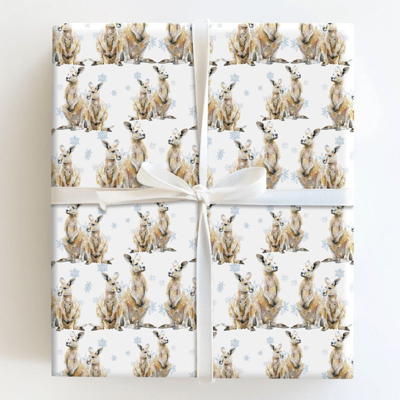 Joey Snowflakes Gift Wrap, Watercolor Kangaroo Christmas Wrapping Paper, Australian Animal Holiday Paper, Adorable Winter Holiday Present Wrap