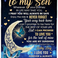 Moon and Butterfly Throw Blanket, Message to My Son Blanket, Sentimental Mother Love Fleece Blanket, Son Christmas Birthday Present