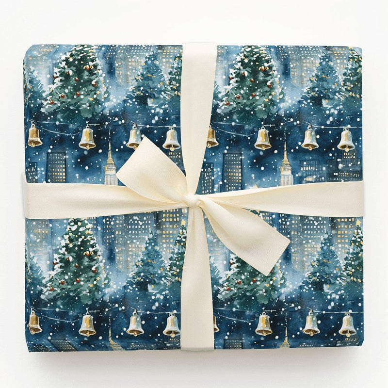 Snowy NYC Skyline Holiday Gift Wrap, New York City Christmas Wrapping Paper, Watercolor Cityscape Present Paper, Winter City Present Wrap