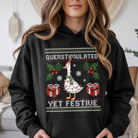 Humorous Duck Christmas Hooded Sweatshirt, Overstimulated Yet Festive Goose Hoodie, Holiday Goose Graphic Pullover, Sarcastic Xmas Hoodie