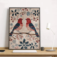 Vintage Tapestry Robins & Snowflakes Print, Winter Birds Wall Art, Christmas Bird Wall Poster, Rustic Holiday Farmhouse Decor Present
