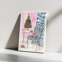 Festive Holiday Room Decor, Watercolor Christmas Tree and Leopard Chair Canvas Wall Art, Preppy Xmas Poster, Winter Seasonal Print