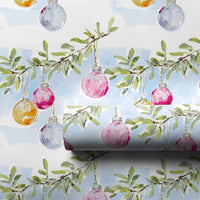 Hanging Bauble Holiday Gift Wrap, Watercolor Christmas Ornament Wrapping Paper, Winter Branch Present Paper, Festive Xmas Wrapping Paper Roll