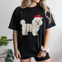 Santa Hat and Xmas Lights Graphic Tee, Maltese Dog Christmas T-Shirt, Adorable Puppy Holiday Pet Lover Shirt, Festive Dog Owner Apparel